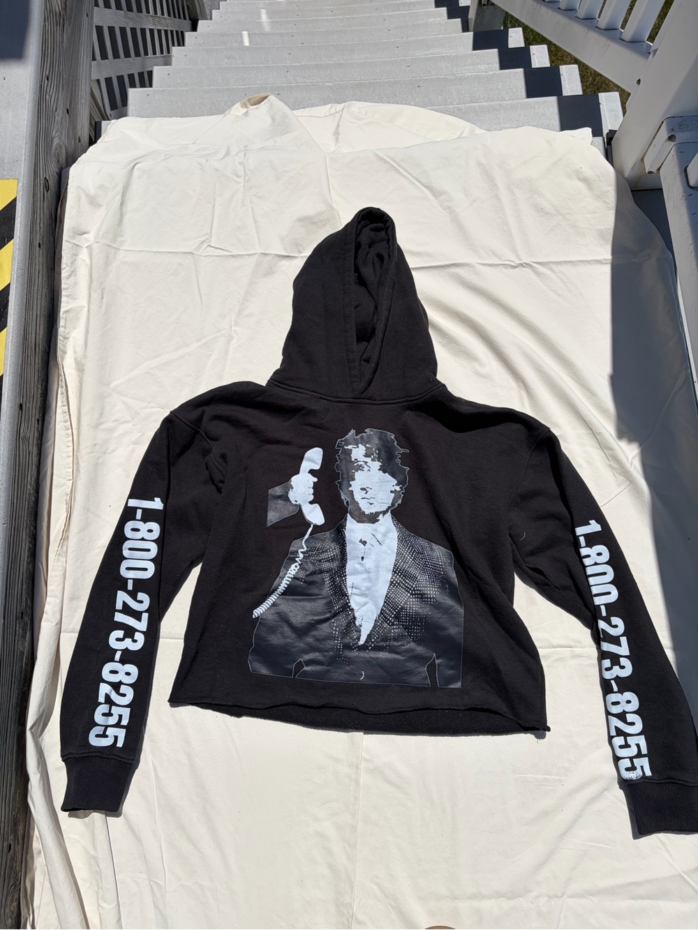 Black Graphic Hoodie Sweatshirt with Phone-Print Sleeve Detail